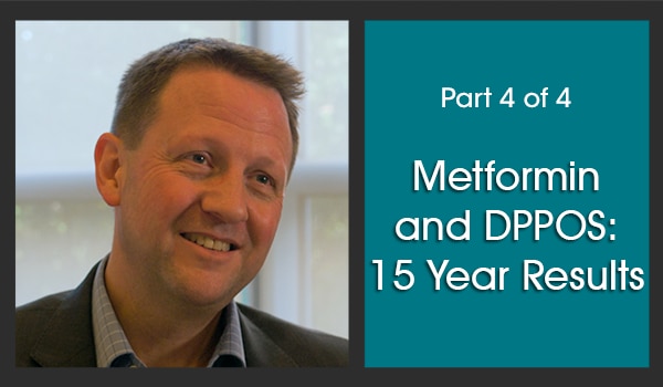 On the left half of the image is a picture of the subject matter expert, Dr. Kieren Mather. To the right of this picture is a dark turquoise background with white text over it that says, 'Part 4 of 4,' in a smaller font, above the title, 'Metformin and DPPOS: 15 Year Results,' in a larger font.