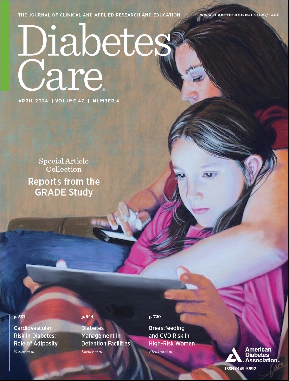Cover art for the April 2024 issue of Diabetes Care with the text Special Article Collection Reports from the GRADE Study.