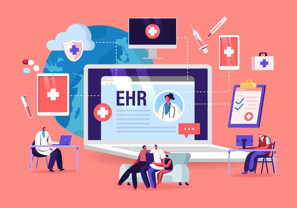 Icons of health care providers, patients, and technology connected in a singular network centered around a computer reading EHR.