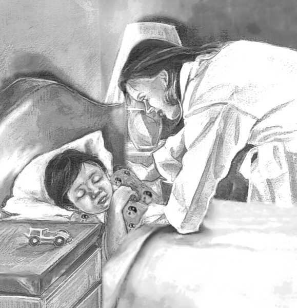 579px x 600px - A mother tucking in her sleeping son black and white - Media Asset - NIDDK