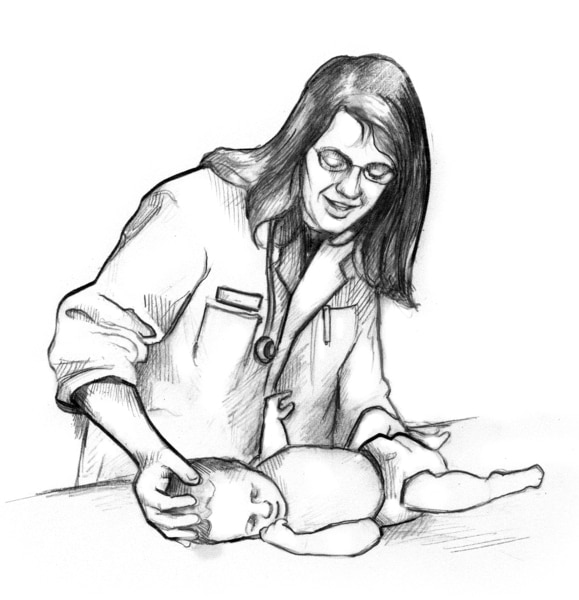 Drawing of a female health care provider examining an infant.