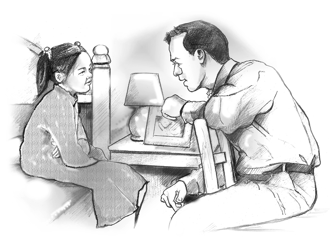Ilustración de un padre hablando con la hija en su habitación - Media Asset  - NIDDK