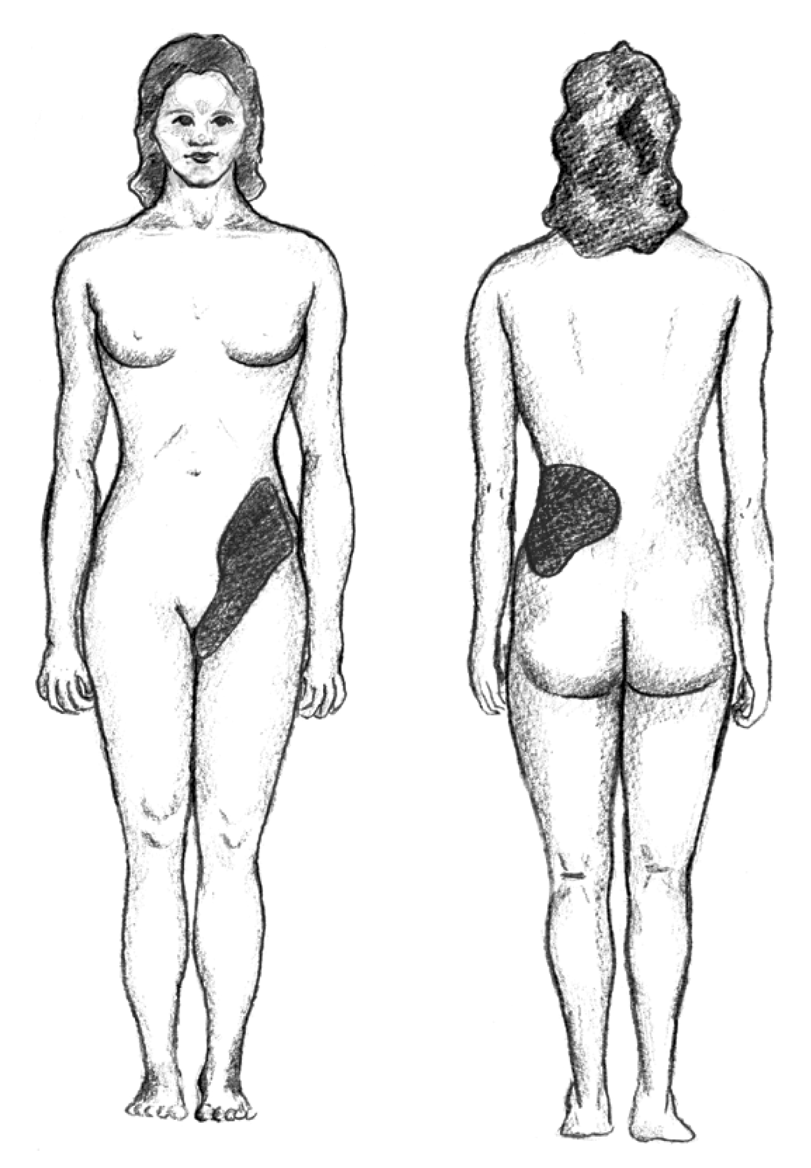 Female figure, front and back views. To the left and the right of