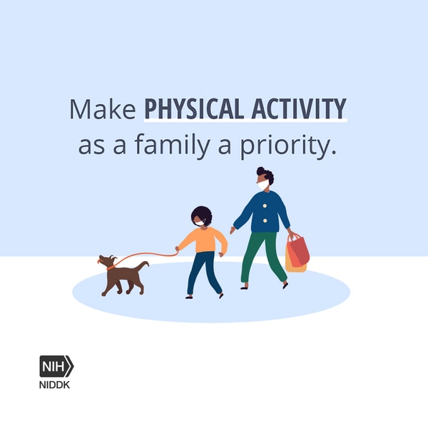 An illustration of a parent and child walking a dog with the text: Make Physicial Activity as a Family a Priority. 