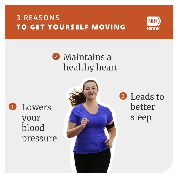 A woman jogging with the title: Three reasons to get yourself moving: 1) Lowers your blood pressure, 2) Maintains a healthy heart, and 3) Leads to better sleep. 