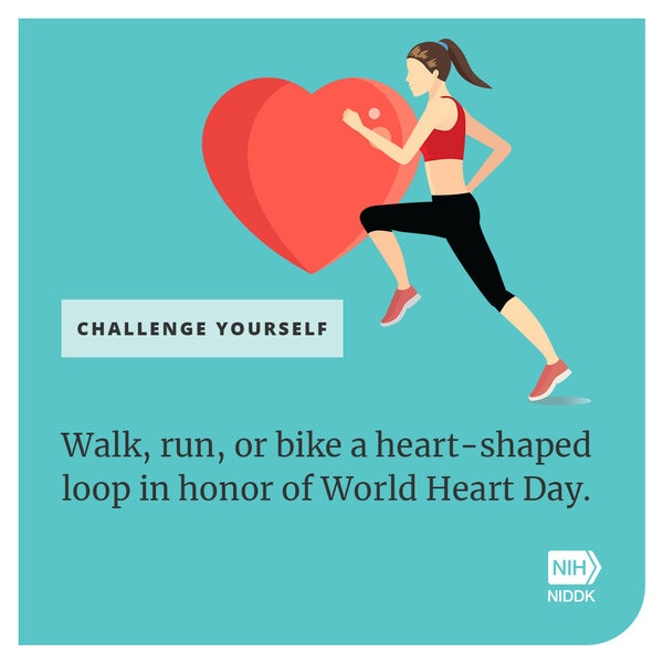 An illustration of a woman and a heart with the text: Walk, run, or bike a heart-shaped loop in honor of World Heart Day.